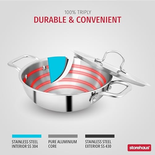 Storehaus Triply Stainless Steel 24 cm Deep Kadai with Lid, 3 L Capacity, Ideal for Curry/Stir Fry/Deep Fry, Broad Hold Handles, Smooth Surface, Induction & Gas Safe with 2 Years Warranty. - Image 2