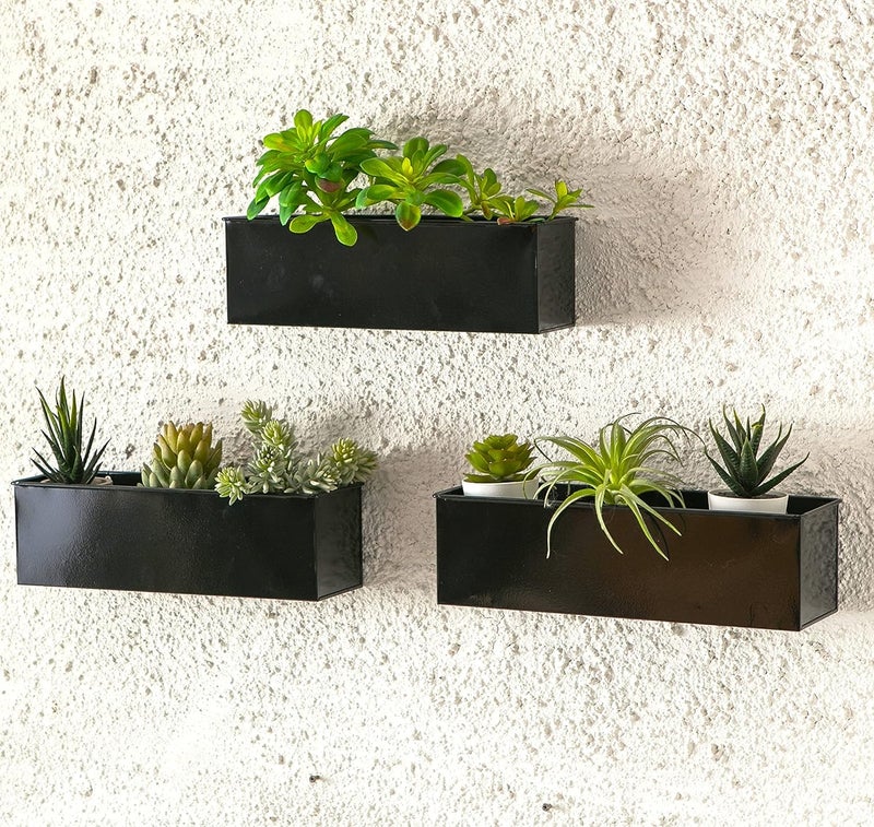 Lavish Craft Wall Planter 3 Pack, 12 Inch Large Wall Mount Succulent Planters Black, Rectangle Metal Flower Pot Window Planter Box Fence Railings Minimalist Floating Shelve Indoor Outdoor (Black) - Image 1