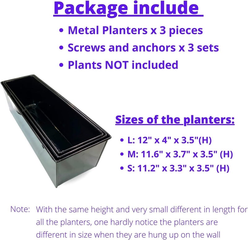 Lavish Craft Wall Planter 3 Pack, 12 Inch Large Wall Mount Succulent Planters Black, Rectangle Metal Flower Pot Window Planter Box Fence Railings Minimalist Floating Shelve Indoor Outdoor (Black) - Image 5