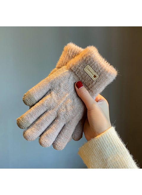 Womens Korean-style knitted wool gloves winter fleece-lined thickened cycling warm touch screen double-layer color matching gloves wholesaleWomen's Double layer camel Women's Double layer camel