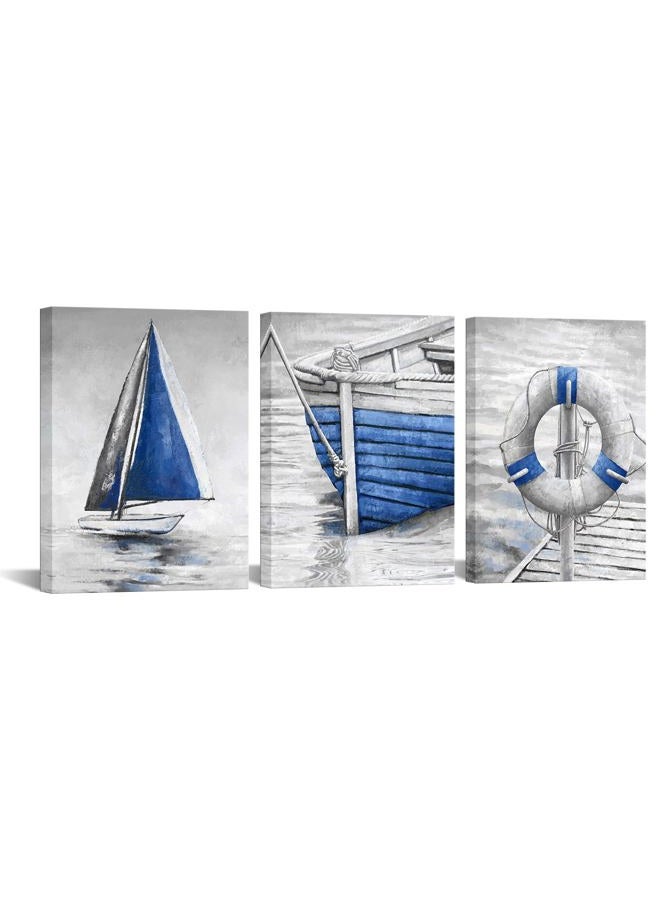 LevvArts Grey and Blue Bathroom Wall Art Fishing Boat Painting Canvas Prints Modern Nautical Pictures Artwork for Bedroom (Blue) - Image 1