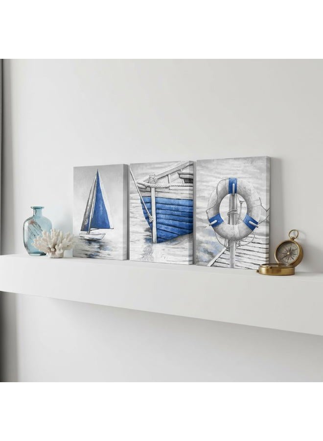 LevvArts Grey and Blue Bathroom Wall Art Fishing Boat Painting Canvas Prints Modern Nautical Pictures Artwork for Bedroom (Blue) - Image 3