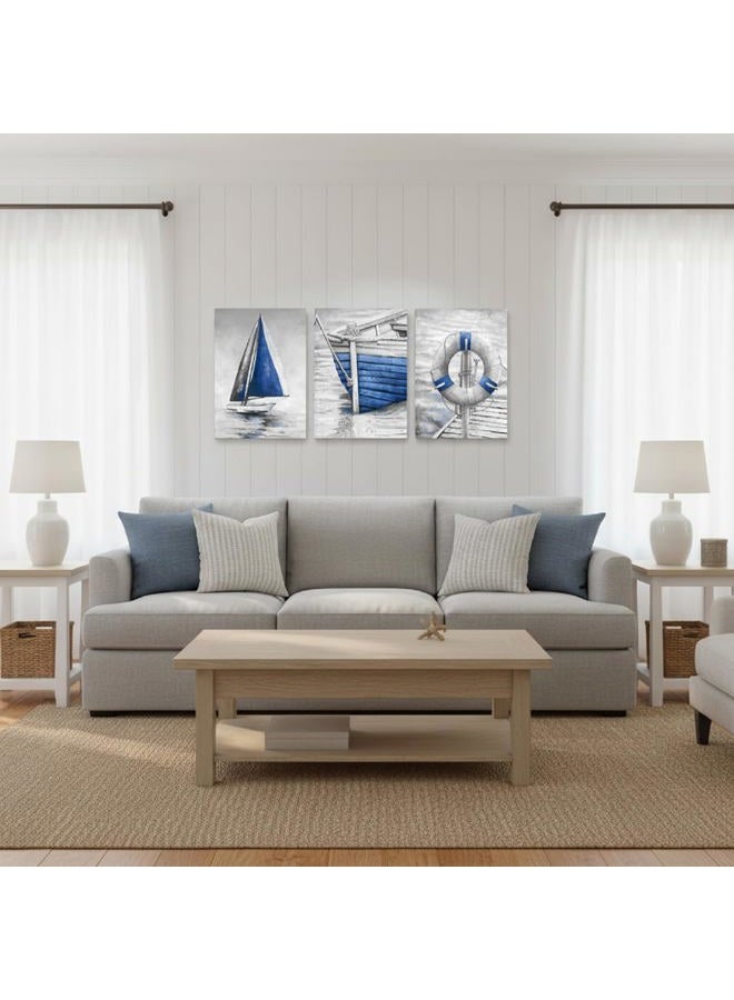 LevvArts Grey and Blue Bathroom Wall Art Fishing Boat Painting Canvas Prints Modern Nautical Pictures Artwork for Bedroom (Blue) - Image 2