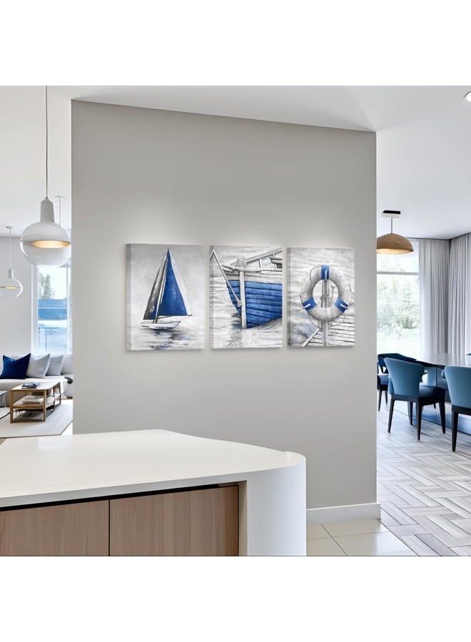 LevvArts Grey and Blue Bathroom Wall Art Fishing Boat Painting Canvas Prints Modern Nautical Pictures Artwork for Bedroom (Blue) - Image 5