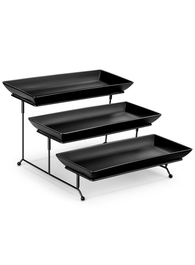 MALACASA 3 Tier Serving Trays for Party, Stoneware Serving Platters and Trays, 14 Inch Tiered Tray Stand, Fruit Tray, Trays for Serving Food, Black Dessert Stand with Collapsible Sturdier Metal Rack - Image 1
