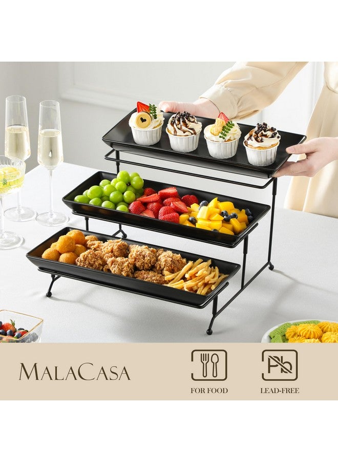 MALACASA 3 Tier Serving Trays for Party, Stoneware Serving Platters and Trays, 14 Inch Tiered Tray Stand, Fruit Tray, Trays for Serving Food, Black Dessert Stand with Collapsible Sturdier Metal Rack - Image 3