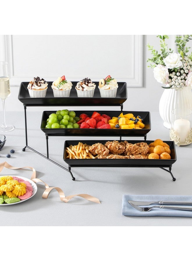 MALACASA 3 Tier Serving Trays for Party, Stoneware Serving Platters and Trays, 14 Inch Tiered Tray Stand, Fruit Tray, Trays for Serving Food, Black Dessert Stand with Collapsible Sturdier Metal Rack - Image 5