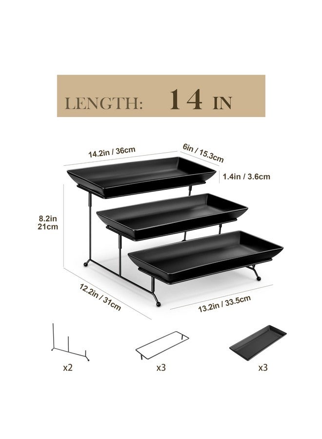 MALACASA 3 Tier Serving Trays for Party, Stoneware Serving Platters and Trays, 14 Inch Tiered Tray Stand, Fruit Tray, Trays for Serving Food, Black Dessert Stand with Collapsible Sturdier Metal Rack - Image 2