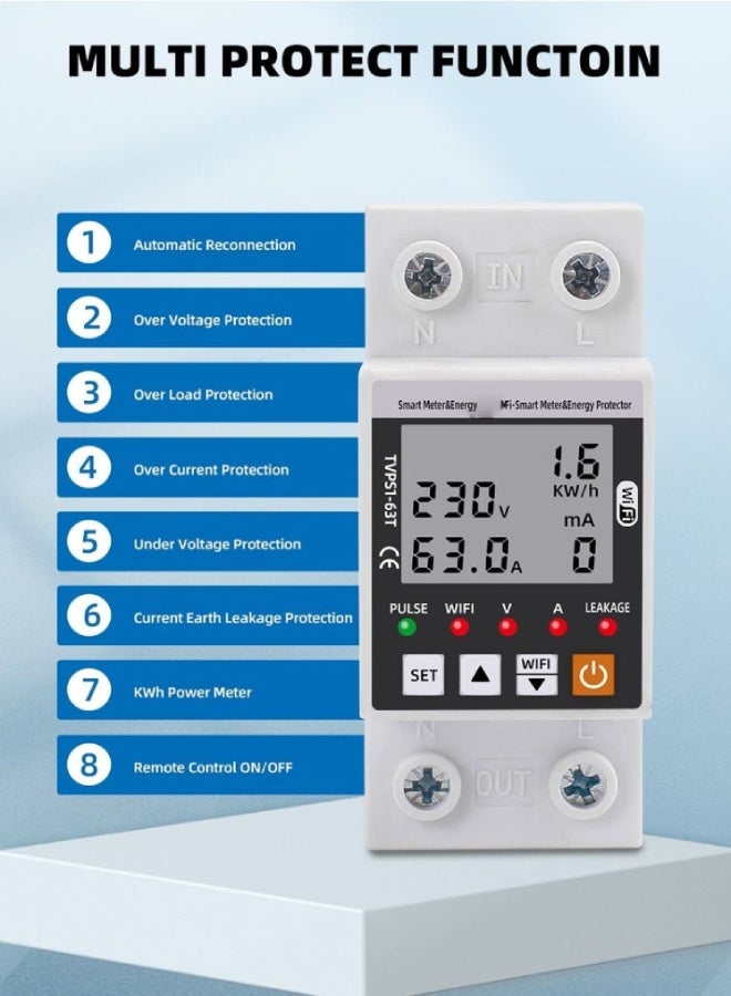 ارواق قاطع كهربائي ذكي Tuya WiFi بقدرة 63 أمبير – حماية تسرب أرضي وجهد مرتفع/منخفض مع عداد طاقة kWh متوافق مع تطبيق Smart Life - Image 3