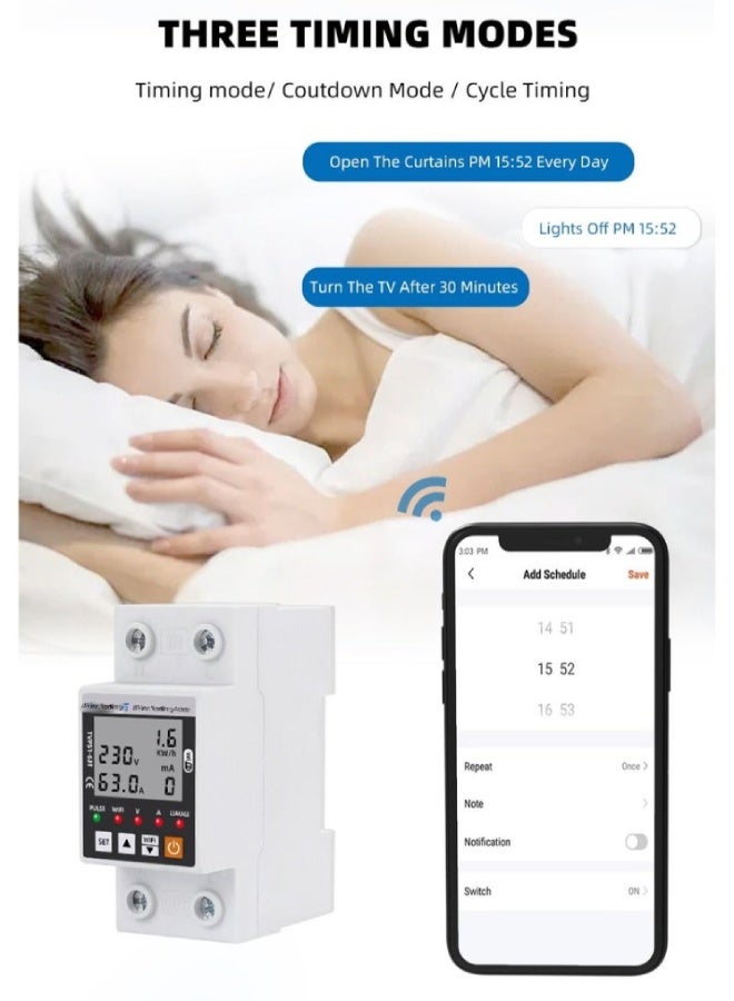 ارواق قاطع كهربائي ذكي Tuya WiFi بقدرة 63 أمبير – حماية تسرب أرضي وجهد مرتفع/منخفض مع عداد طاقة kWh متوافق مع تطبيق Smart Life - Image 5