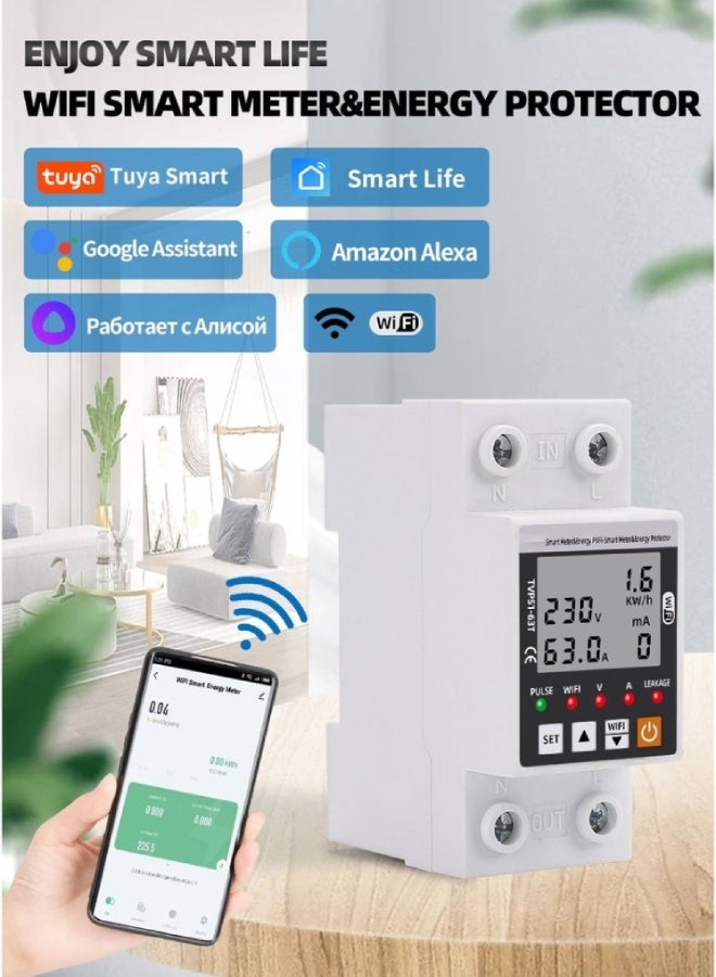 ارواق قاطع كهربائي ذكي Tuya WiFi بقدرة 63 أمبير – حماية تسرب أرضي وجهد مرتفع/منخفض مع عداد طاقة kWh متوافق مع تطبيق Smart Life - Image 1