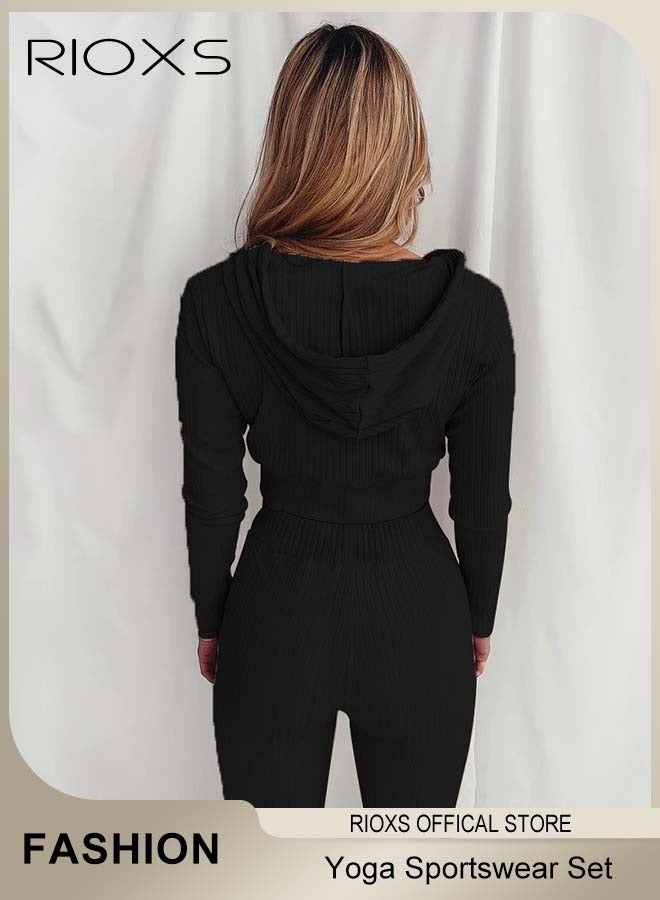 RIOXS Women 2 Piece Yoga Sportswear Set Hooded Zipper Coat And Pants Set Long Sleeve Fitness Sport Set For Running Jogging - Image 5