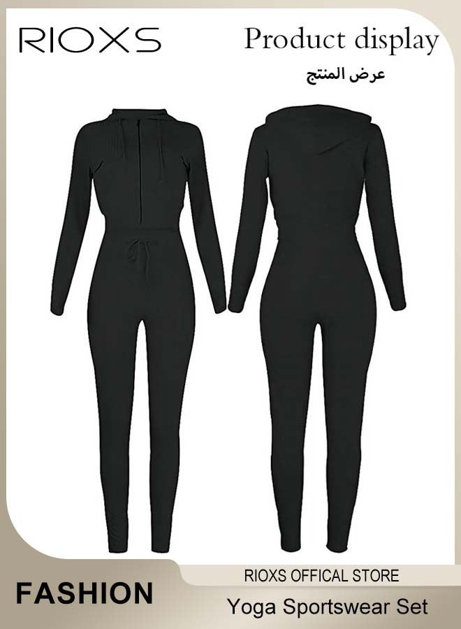 RIOXS Women 2 Piece Yoga Sportswear Set Hooded Zipper Coat And Pants Set Long Sleeve Fitness Sport Set For Running Jogging - Image 3