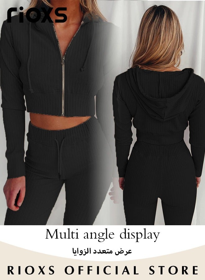 RIOXS Women 2 Piece Yoga Sportswear Set Hooded Zipper Coat And Pants Set Long Sleeve Fitness Sport Set For Running Jogging - Image 2
