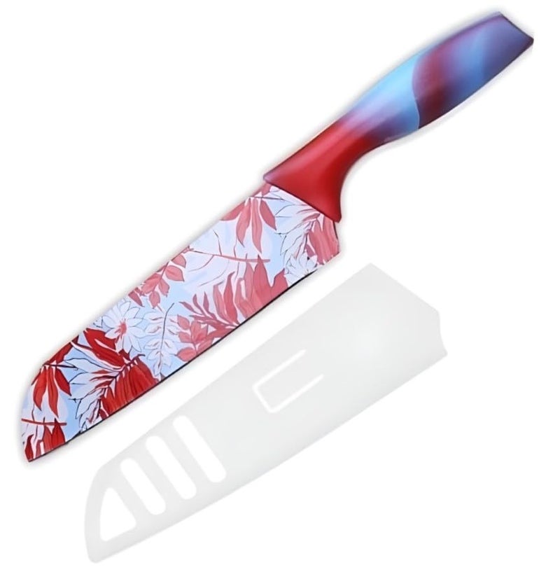 yomith Kinfe for Kitchen Stainless Steel ColorPrinted Santoku Knife with Protective Blade Cover NonSlip Comfort Grip Handle Chef Knives for Kitchen Restaurant RED Flower Printed - Image 1
