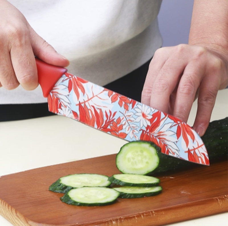 yomith Kinfe for Kitchen Stainless Steel ColorPrinted Santoku Knife with Protective Blade Cover NonSlip Comfort Grip Handle Chef Knives for Kitchen Restaurant RED Flower Printed - Image 2