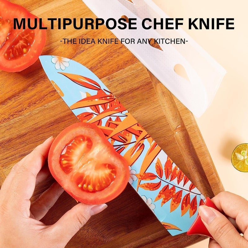 yomith Kinfe for Kitchen Stainless Steel ColorPrinted Santoku Knife with Protective Blade Cover NonSlip Comfort Grip Handle Chef Knives for Kitchen Restaurant RED Flower Printed - Image 3