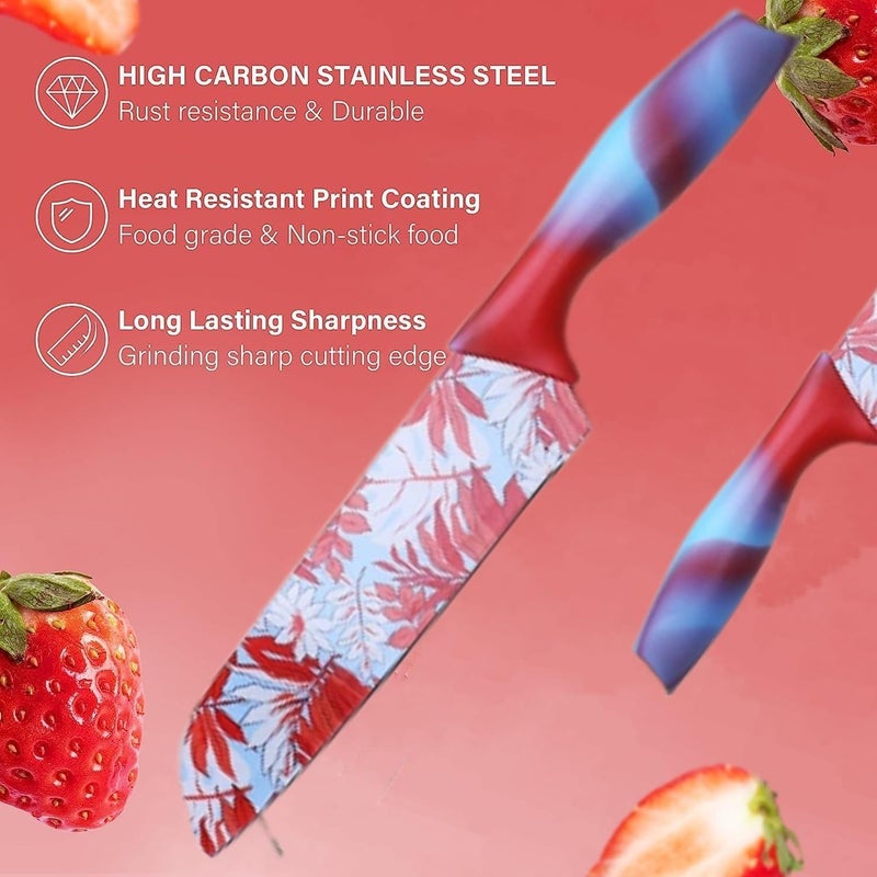 yomith Kinfe for Kitchen Stainless Steel ColorPrinted Santoku Knife with Protective Blade Cover NonSlip Comfort Grip Handle Chef Knives for Kitchen Restaurant RED Flower Printed - Image 4