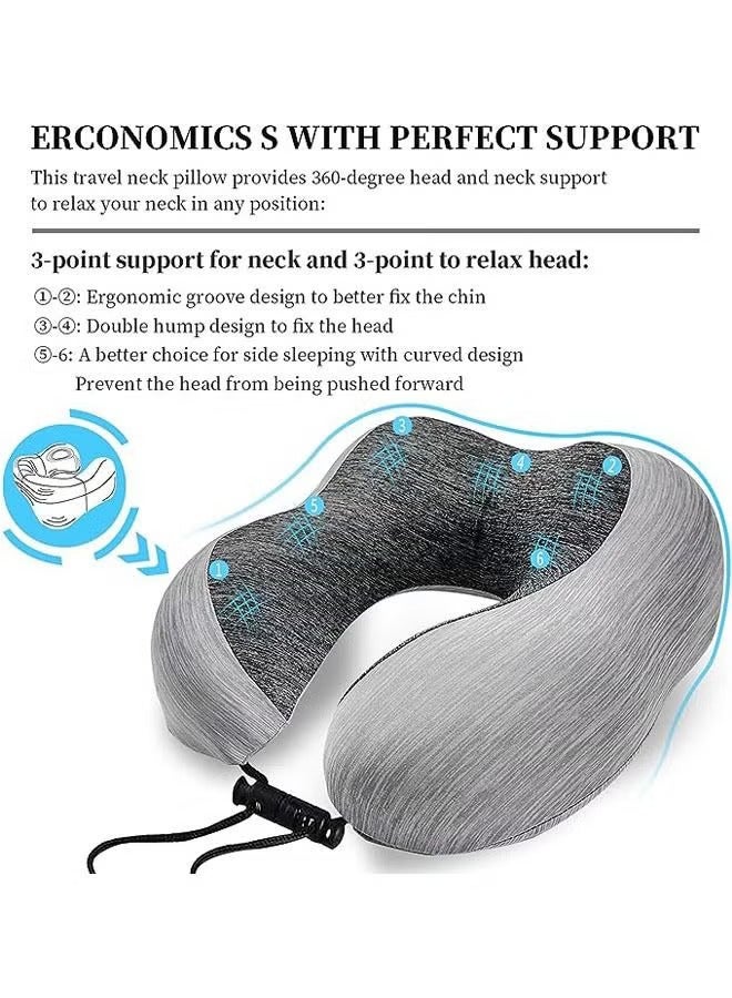Hihonor Travel Pillow 100% Memory Foam Pillow, Neck Pillow for Airplane, Neck & Head Support Pillow for Sleeping Rest & Car, Travel Pillows Kit with Storage Bag, Sleep Mask and Earplugs （Grey） - Image 2