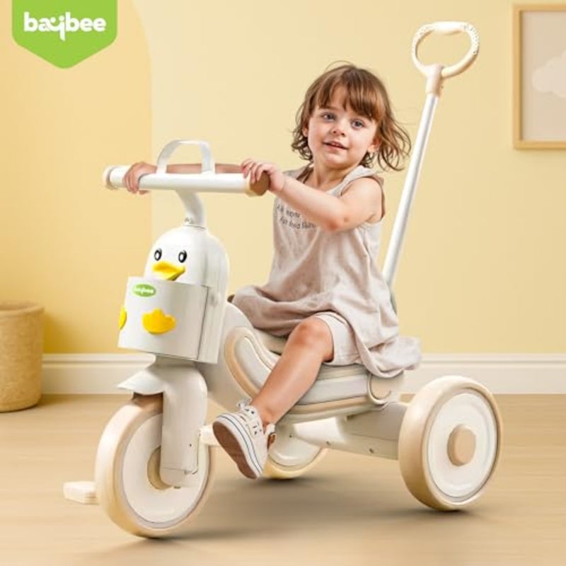 2 in 1 toddler tricycle for home and park use, PP plastic frame with soft-touch white/beige finish, foldable design and height-adjustable parental push handle - Image 2