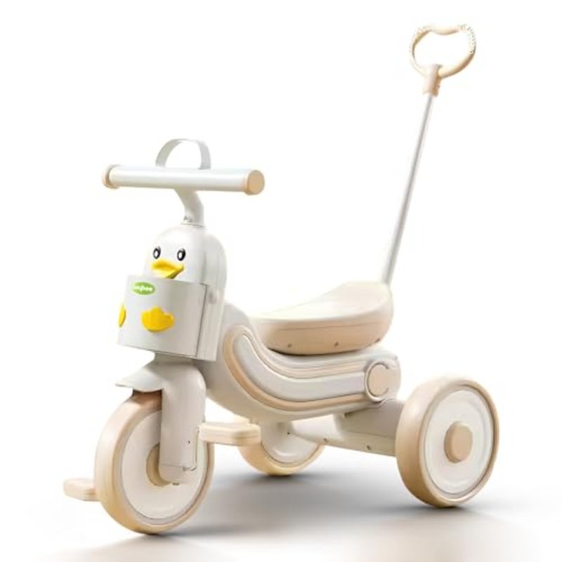 2 in 1 toddler tricycle for home and park use, PP plastic frame with soft-touch white/beige finish, foldable design and height-adjustable parental push handle - Image 1