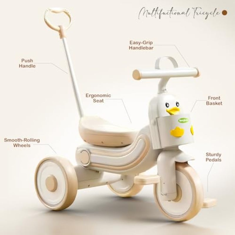 2 in 1 toddler tricycle for home and park use, PP plastic frame with soft-touch white/beige finish, foldable design and height-adjustable parental push handle - Image 4
