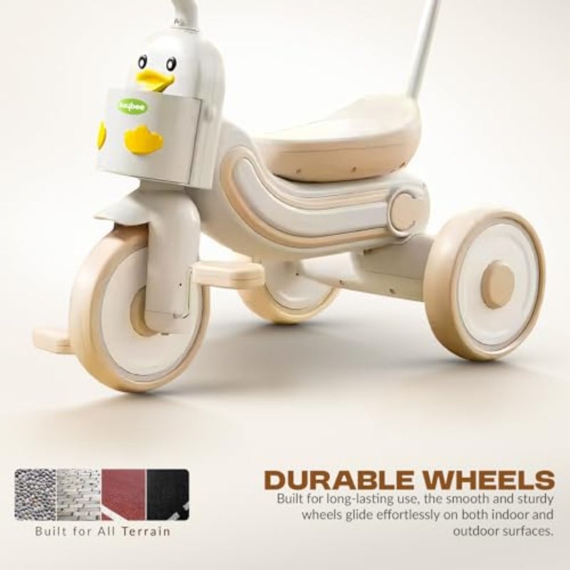 2 in 1 toddler tricycle for home and park use, PP plastic frame with soft-touch white/beige finish, foldable design and height-adjustable parental push handle - Image 3