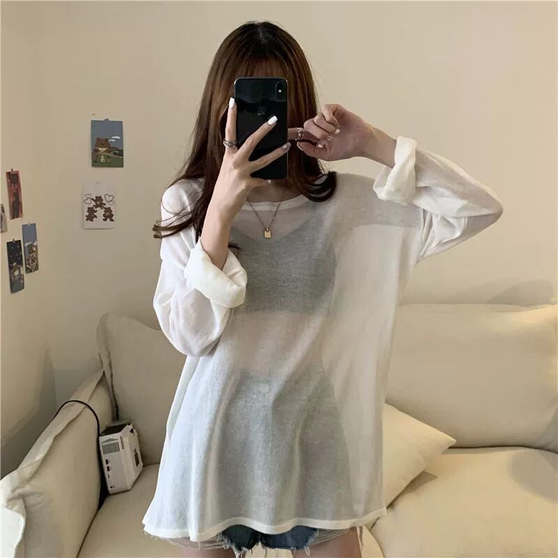2023 spring and summer New loose breathable outer wear long-sleeved T-shirt thin bottoming top womens sun protection shirt White