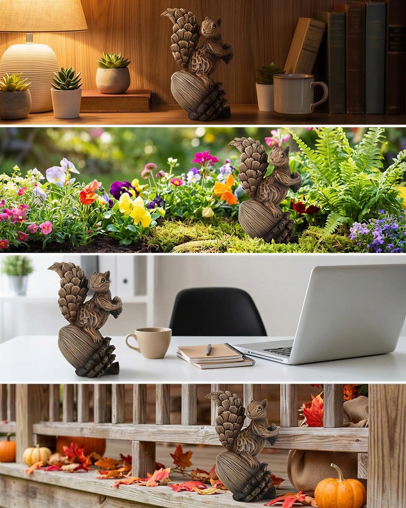iStatue Handmade Resin Squirrel on Acorn Statue Miniature Garden Figurines â€“ 6.5 Inch Nature-Inspired Woodland Animal Decor for Home, Garden, Patio or Shelf â€“ Rustic Farmhouse Accent (Medium) - Image 2