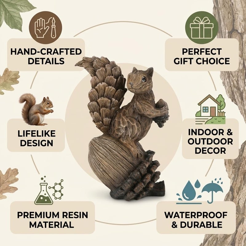 iStatue Handmade Resin Squirrel on Acorn Statue Miniature Garden Figurines â€“ 6.5 Inch Nature-Inspired Woodland Animal Decor for Home, Garden, Patio or Shelf â€“ Rustic Farmhouse Accent (Medium) - Image 4