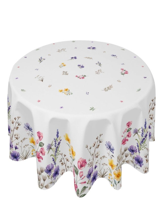 Aytipun Floral Round Tablecloth 70 Inch, Spring Summer Wildflower Farmhouse Washable Polyester Table Cover for Indoor Kitchen Party Dinner Decor, White - Image 1