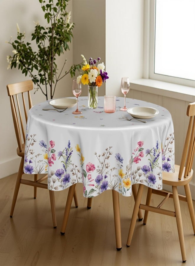 Aytipun Floral Round Tablecloth 70 Inch, Spring Summer Wildflower Farmhouse Washable Polyester Table Cover for Indoor Kitchen Party Dinner Decor, White - Image 2