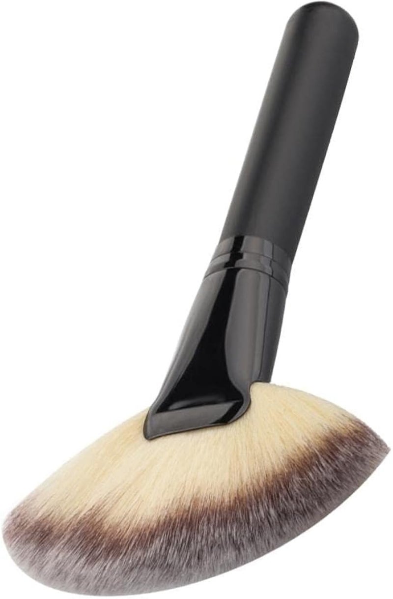 فرش مكياج سوداء بمقبض خشبي - فرشاة مروحة كبيرة وفرشاة كريم أساس بودرة، مثالية لتطبيقات المكياج السائل والبودرة - قطعة واحدة