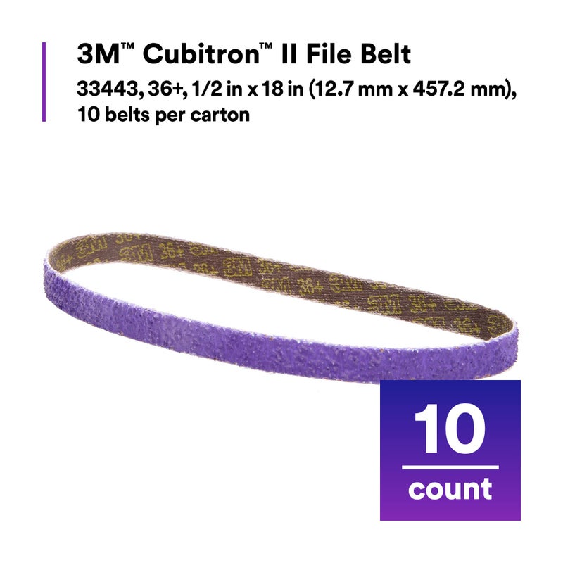 3M Cubitron II File Belt, 33445, 60+ Grit, 1/2 in x 18 in, Pack of 10 File Belts, Resin Bonded, Spot Weld Removal - Image 3