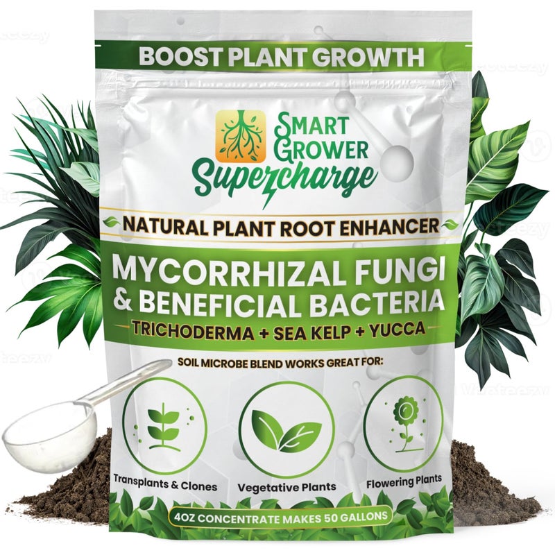 Smart Grower Mycorrhizal Fungi with Beneficial Bacteria, Trichoderma, Sea Kelp, Molasses, Yucca, Smart Grower Supercharge Plant Root Enhancer 4oz Super Concentrate Powder Makes 50 Gallons - Image 1