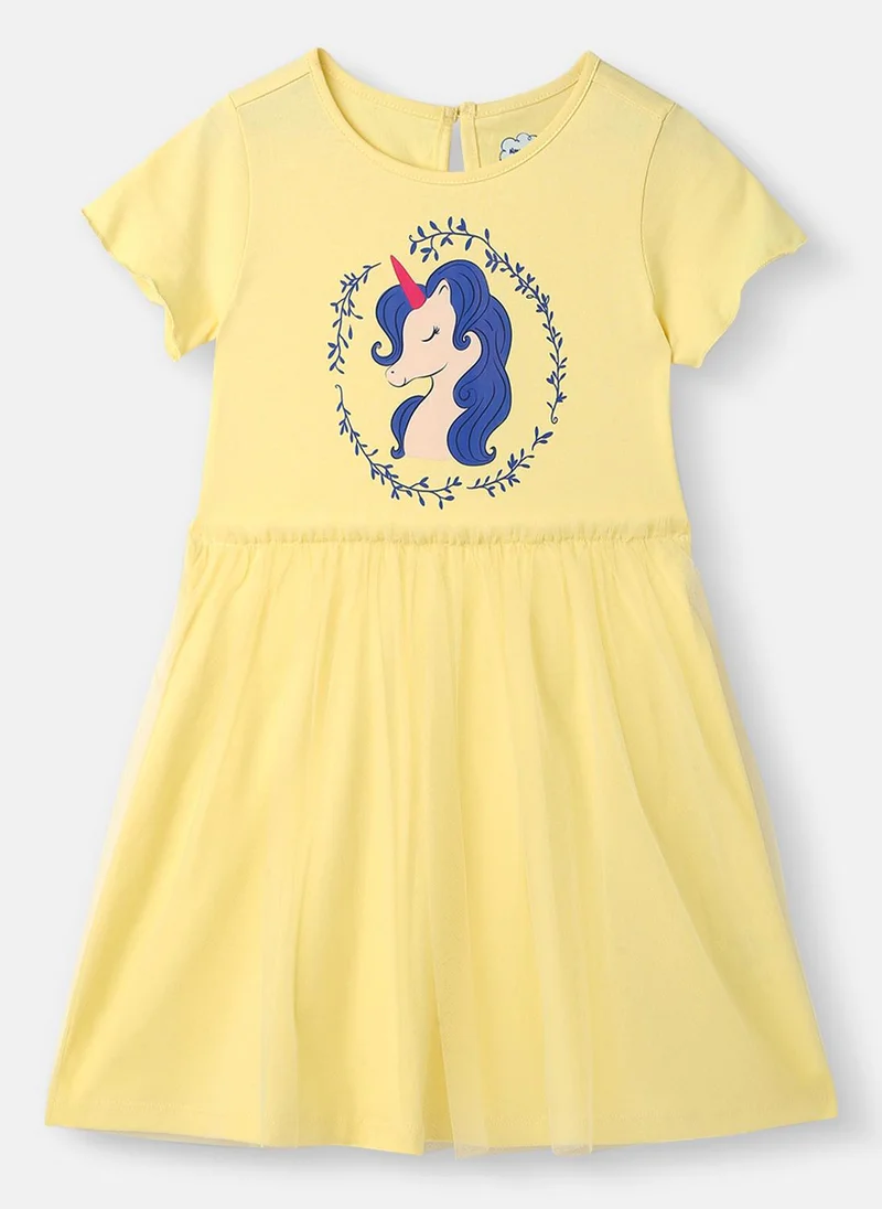 نوتيناتي Nautinati Girls' Unicorn Print Tulle Mesh Dress with Lettuce Hem in Sleeves