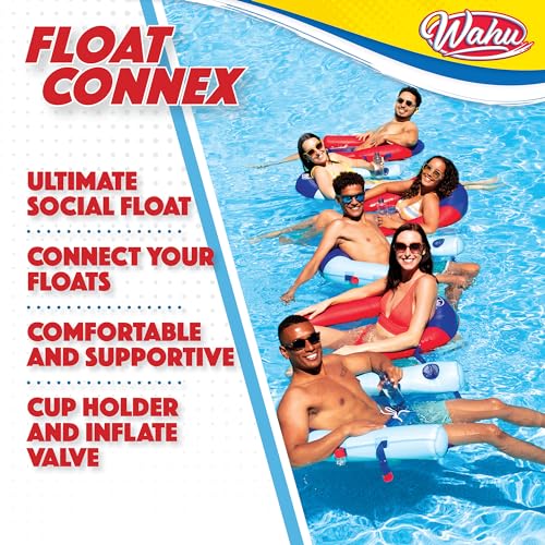 WAHU Float Connex Aqua Pool Seat with Connex Clips, Cupholder, and Inflate Valve, Inflatable Pool Float Chair for Adults and Kids Ages 8+, Blue/Red - Image 2