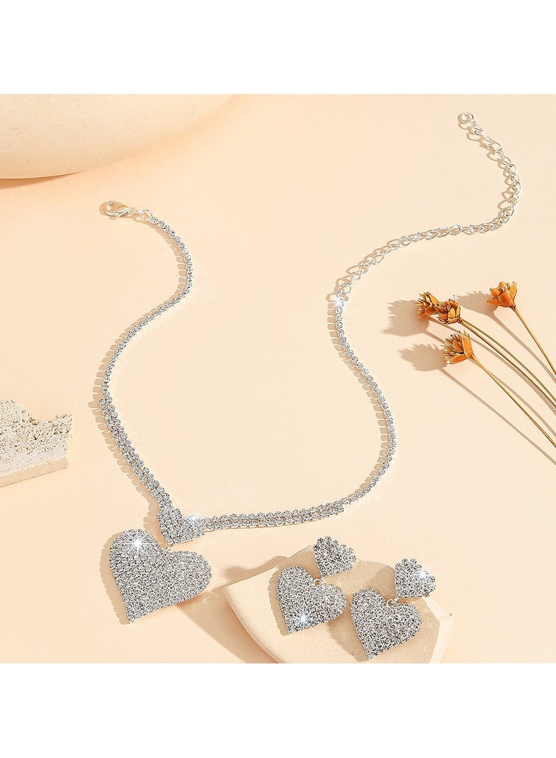 2 Piece Necklace  Earrings Jewelry Set Silver Heart Sparkling Chic Rhinestone Embellished Jewelry Set Perfect for Ladies Gifts for Girlfriends, Wife, Mother, Bridesmaids, Wedding Party, Gala Prom Ac
