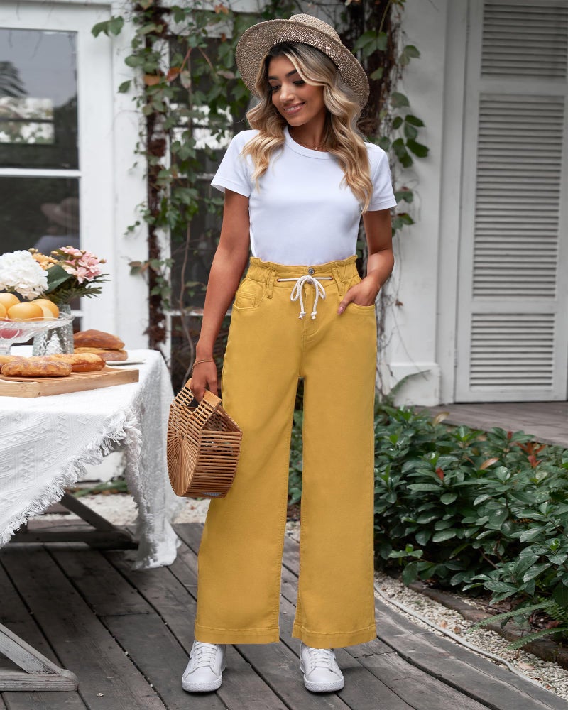GRAPENT Wide Leg Jeans for Women Stretch High Wasited Elastic Waist Bell Bottom Baggy Y2K Pants Mineral Yellow Large - Image 4