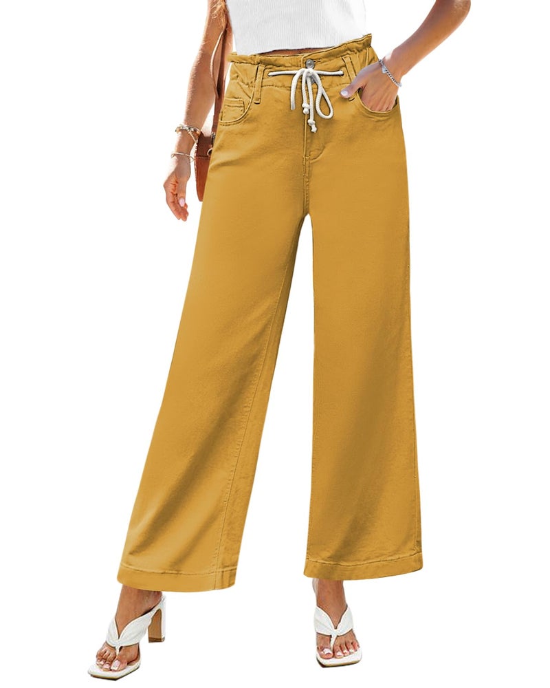 GRAPENT Wide Leg Jeans for Women Stretch High Wasited Elastic Waist Bell Bottom Baggy Y2K Pants Mineral Yellow Large - Image 1