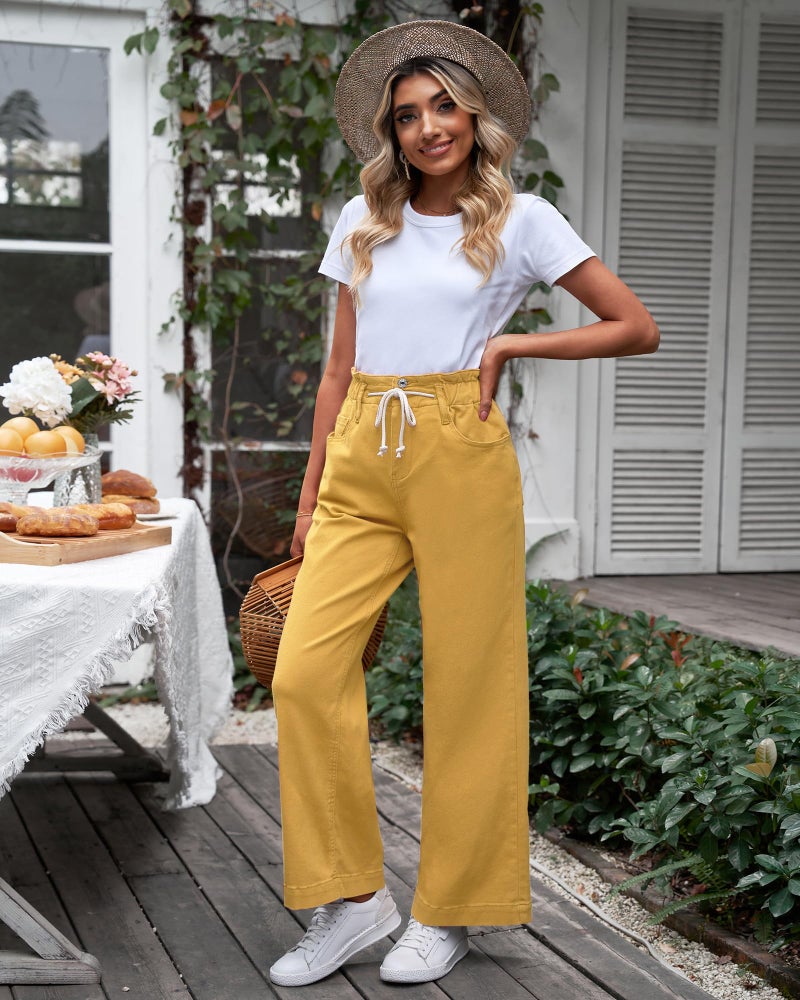 GRAPENT Wide Leg Jeans for Women Stretch High Wasited Elastic Waist Bell Bottom Baggy Y2K Pants Mineral Yellow Large - Image 5