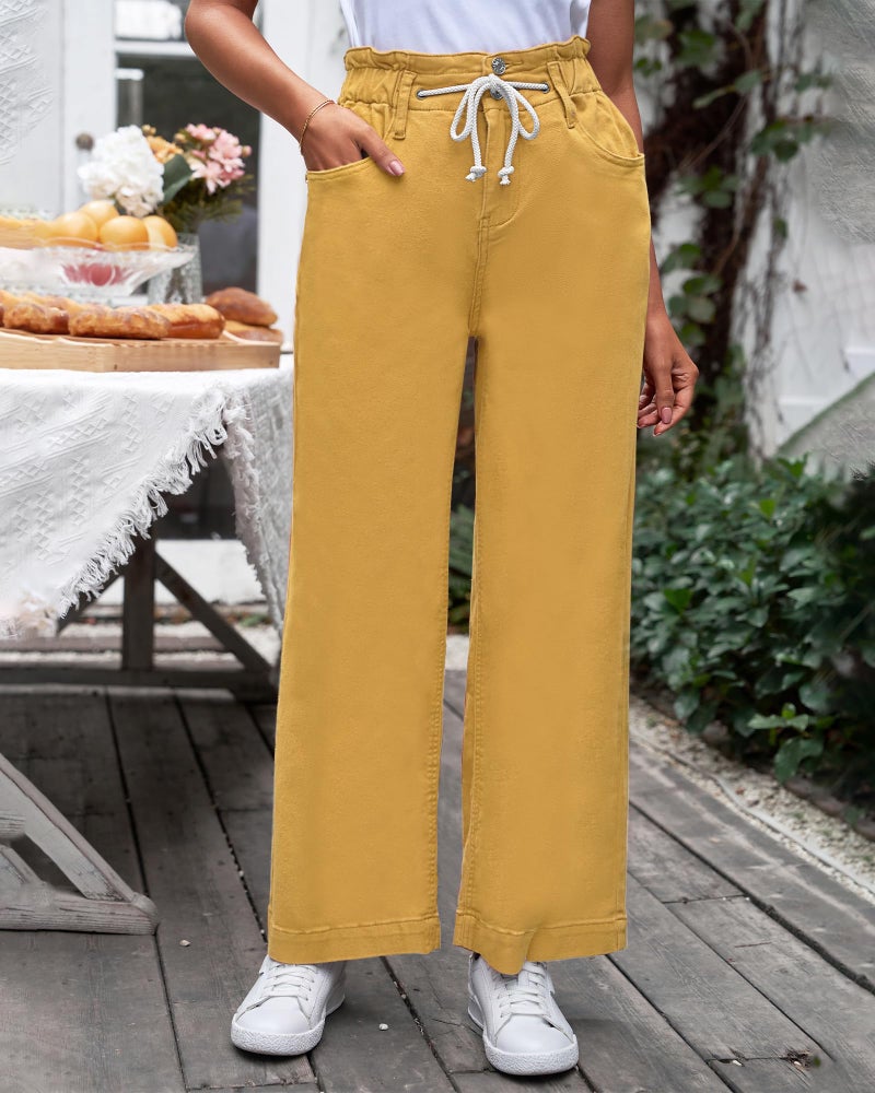 GRAPENT Wide Leg Jeans for Women Stretch High Wasited Elastic Waist Bell Bottom Baggy Y2K Pants Mineral Yellow Large - Image 2