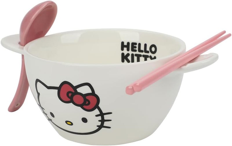 Bio World Hello Kitty Sanrio Enjoy The Little Things Ceramic Ramen Bowl With Spoon & Chopsticks - Image 1