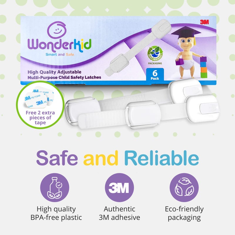 WONDERKID Adjustable & Reusable Child Safety Cabinet Locks & Latches, Baby Proofing Door Window, Cabinet, Toilet, & Refrigerator Lock, Child Safety Strap Locks with Adhesive Pads, Pack of 6, White - Wonderkid - Image 2