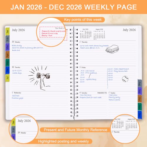 Nokingo 2026 Planner - Weekly & Monthly Planner Runs January 2026 to December 2026, 6.25" x 8.25", 12 Monthly Tabs, 14 Notes Pages, Inner Pocket, Flexible Cover with Twin-Wire Binding, Planners 2026 - Image 3