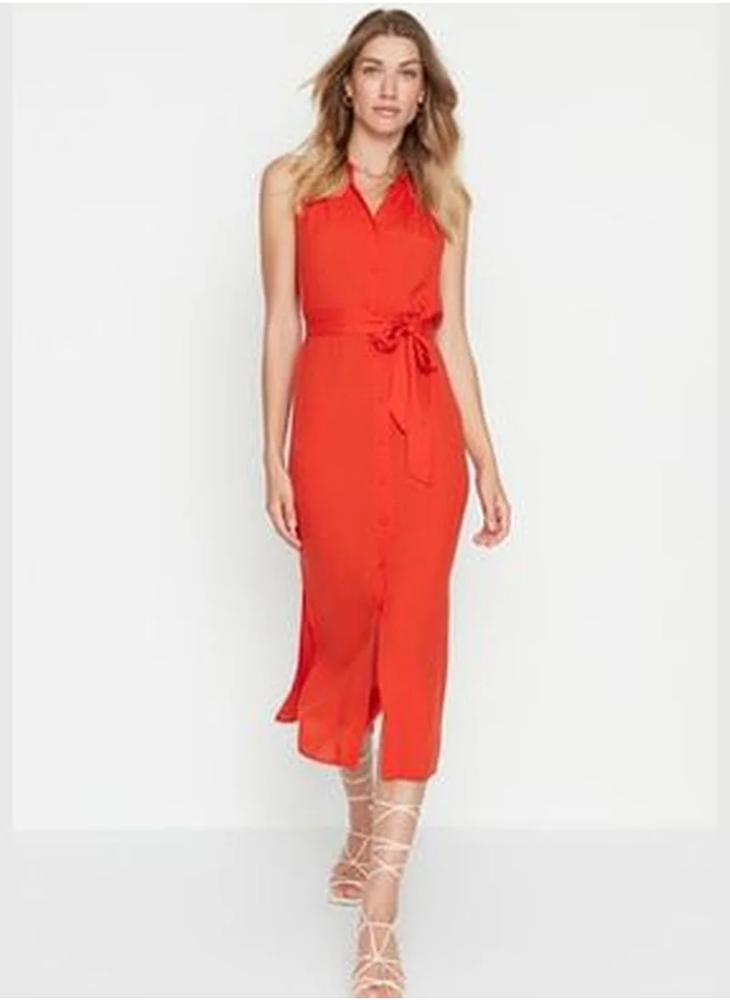trendyol Red Belted Midi Woven Shirt Dress
