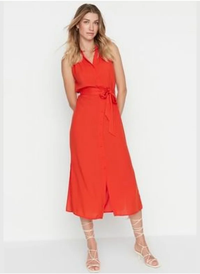 trendyol Red Belted Midi Woven Shirt Dress