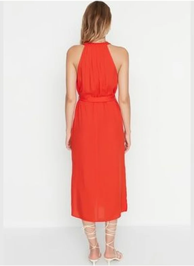 trendyol Red Belted Midi Woven Shirt Dress