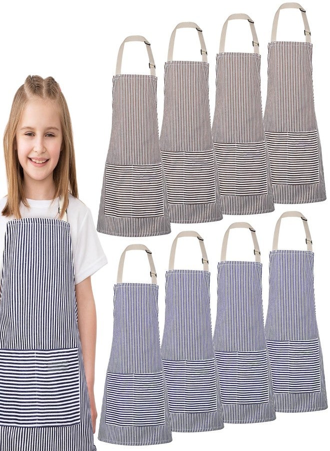 Newcotte 8 Pieces Kids Apron Toddler Cotton Adjustable Bib Chef Apron with 2 Pockets for Boys and Girls Children, Blue and Brown - Image 1