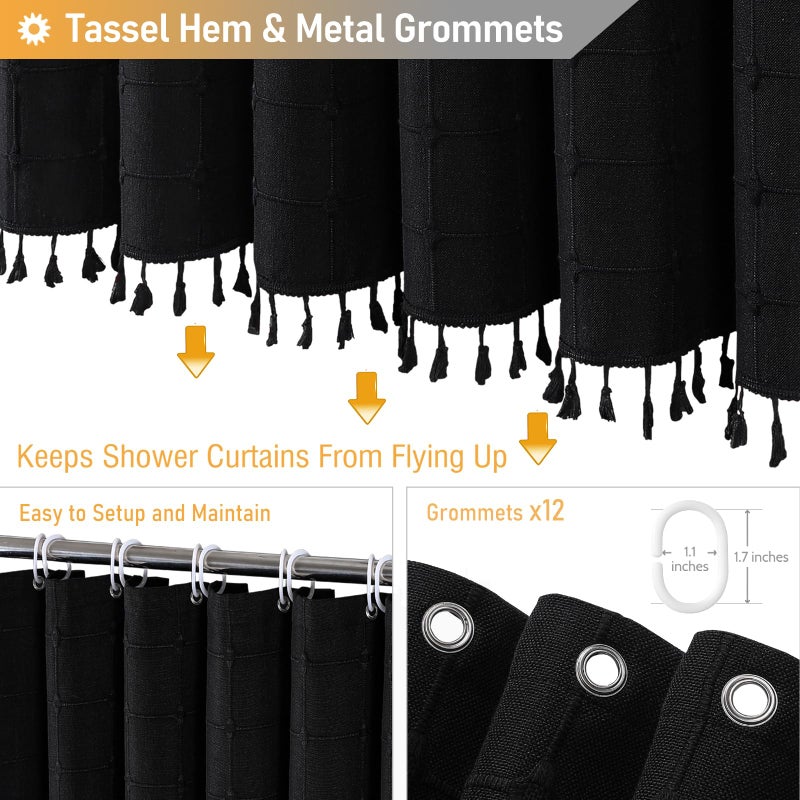 BTTN Extra Long Shower Curtain - 72x96 Inch Long Boho Chic Linen Fabric Heavy Duty Shower Curtain Set with Hooks  Tall Bohemian Farmhouse Luxury Tassel Cloth Shower Curtains for Bathroom - Black - Image 4